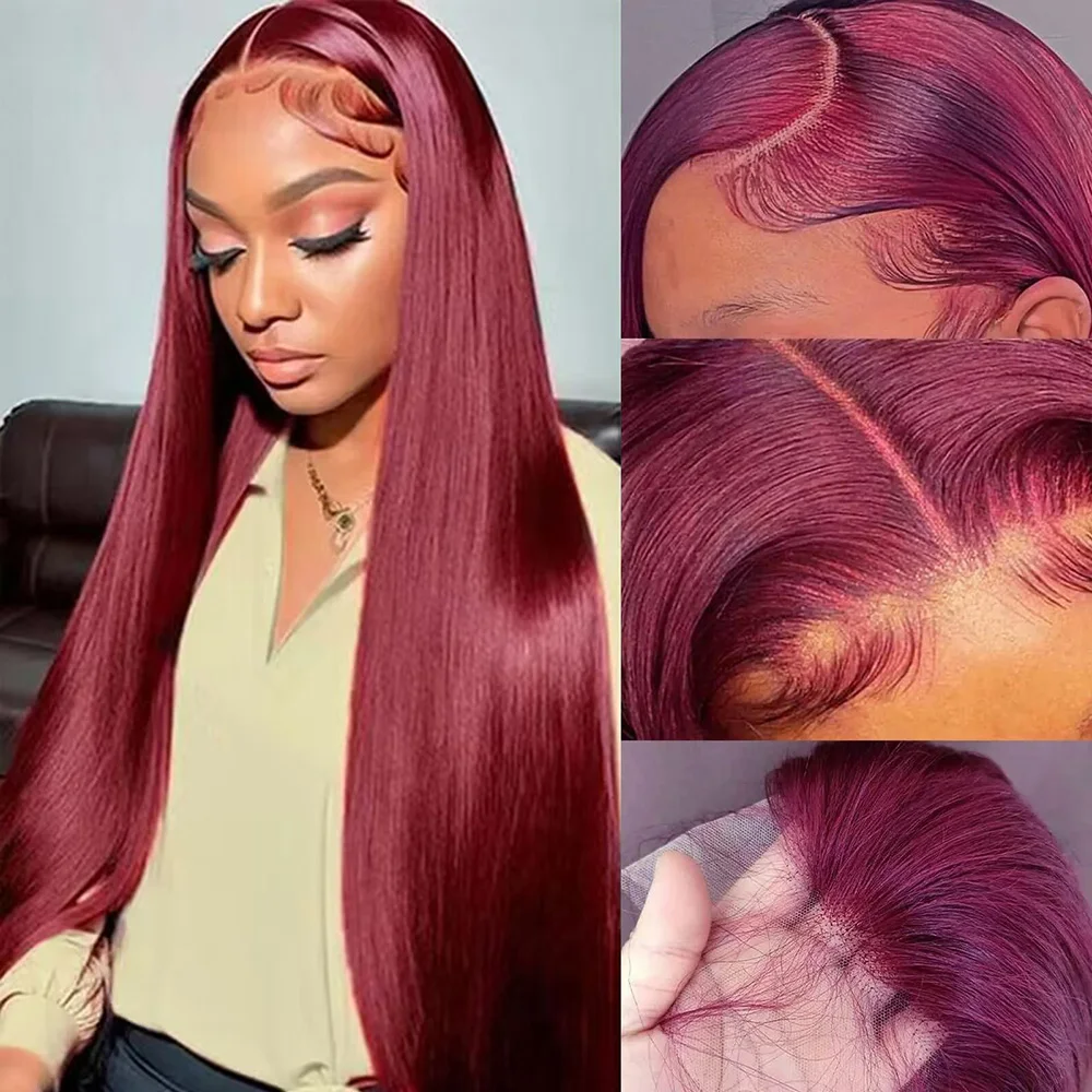 34 Inch 99j Burgundy Straight Lace Frontal Human Hair Wigs 13x4 HD Transparent Lace Front Pre Plucked Colored Wig