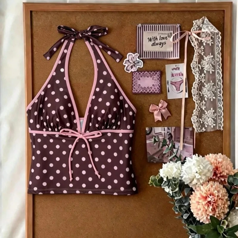 Beach Vacation Polka Dot Bikini Two Piece Set Women Summer Halter Tie V Neck Bodycon Pool Bathing Swim Outfit Beachwear
