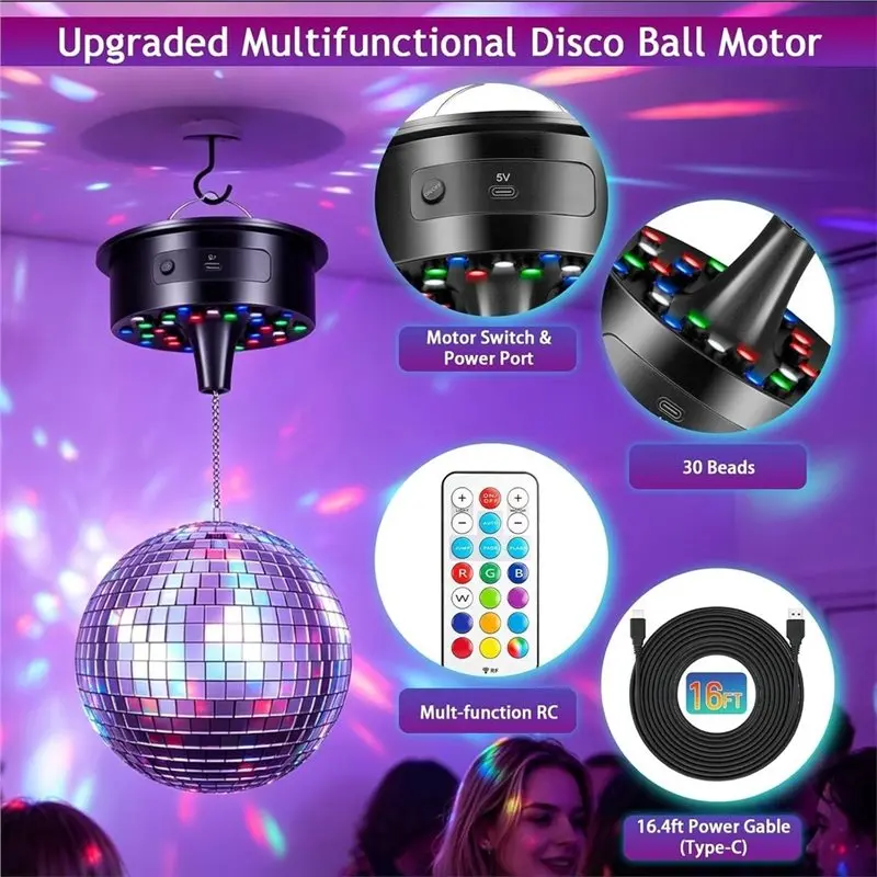 AT05-Rotating Adjustable Disco Ball Motor With Lights-Upgrade Version 0/3/6/9/12/15 RPM Remote Control For Party Decor,Nightclub