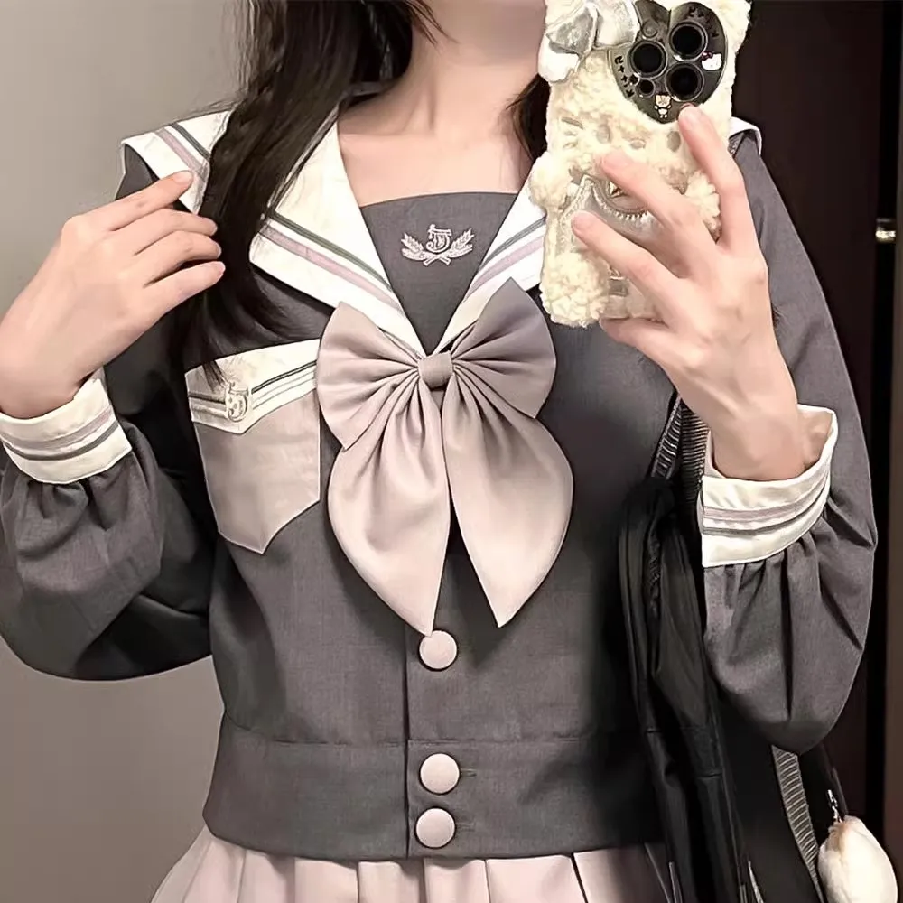 일본 회색 선원 복장 긴 소매 JK 스커트 여성 고등학교 제복 학생 Seifuku 소녀 선원 복장 한국 제복