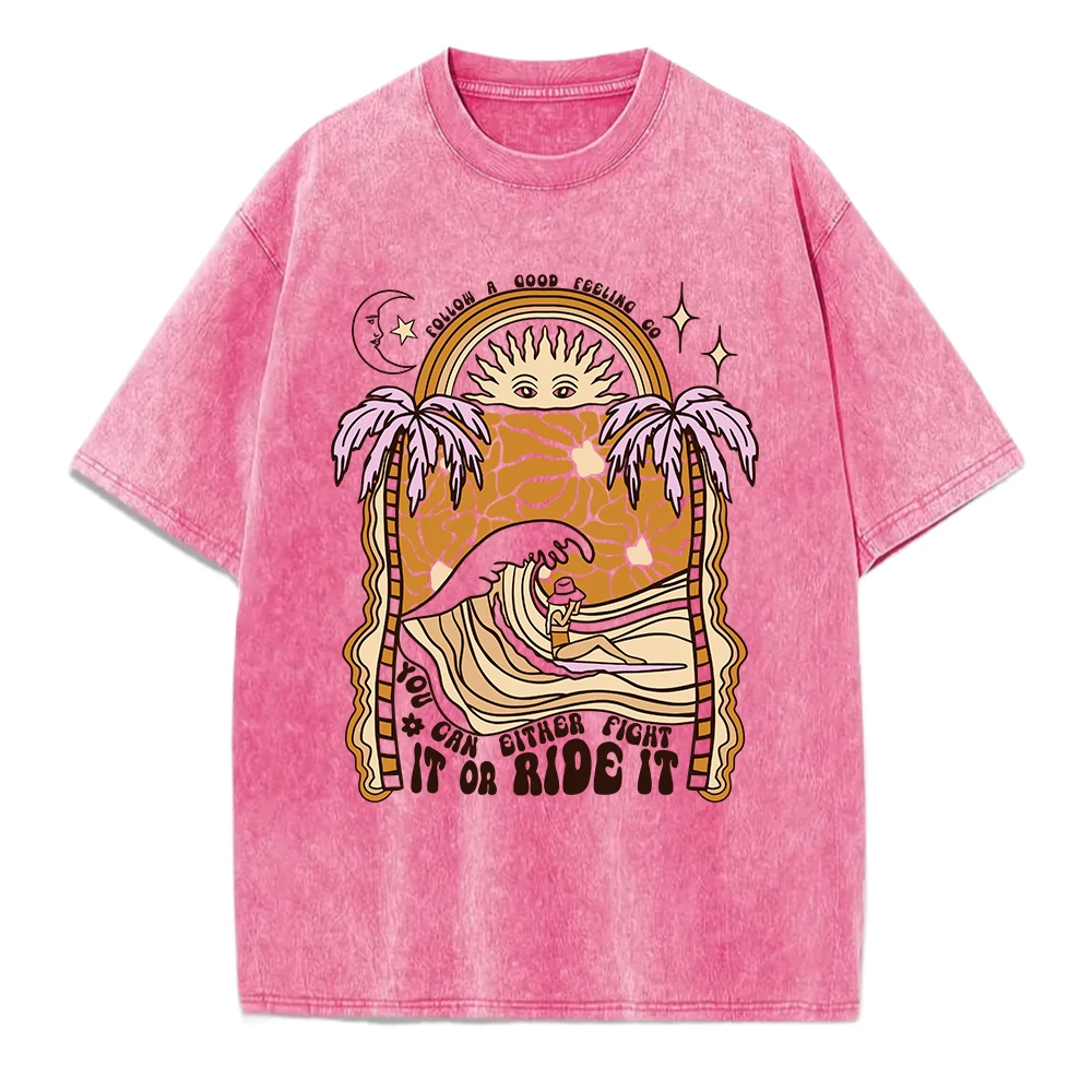 Luta ou passeio ondas impresso lavado t camisas femininas camiseta de algodão confortável angustiado o-pescoço topos verão mulher streetwear