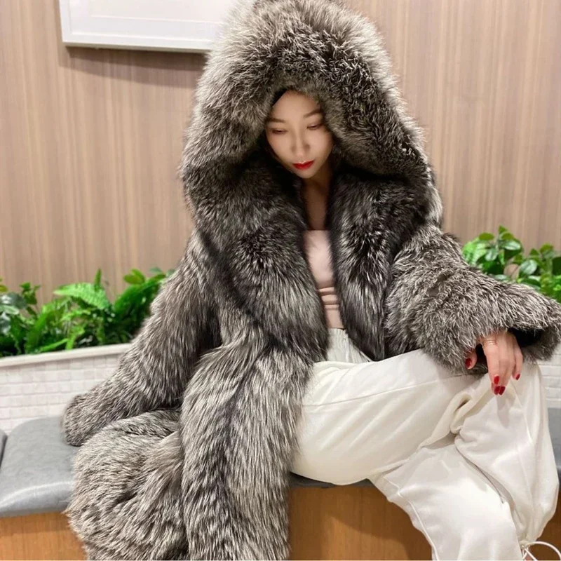 

Long Faux Fox Fur Jacket, Women‘s Hooded Windbreaker Coat, Warm Winter Casual Style, Young & Trendy