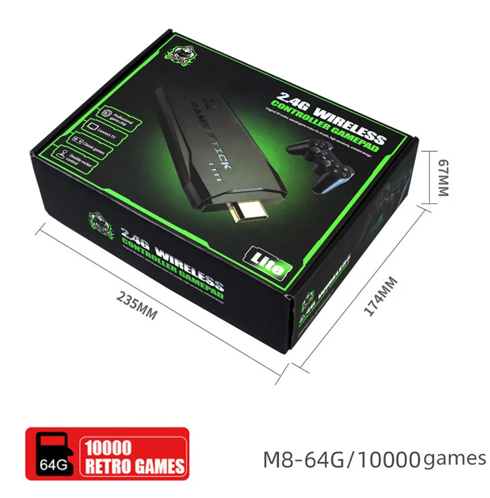 لعبة فيديو Stick Lite 4K لعبة فيديو M8 وحدة تحكم 64 جيجابايت وحدة تحكم لاسلكية مزدوجة لعام 20000 ألعاب ريترو هدية عيد الميلاد للأطفال 4K HDMI