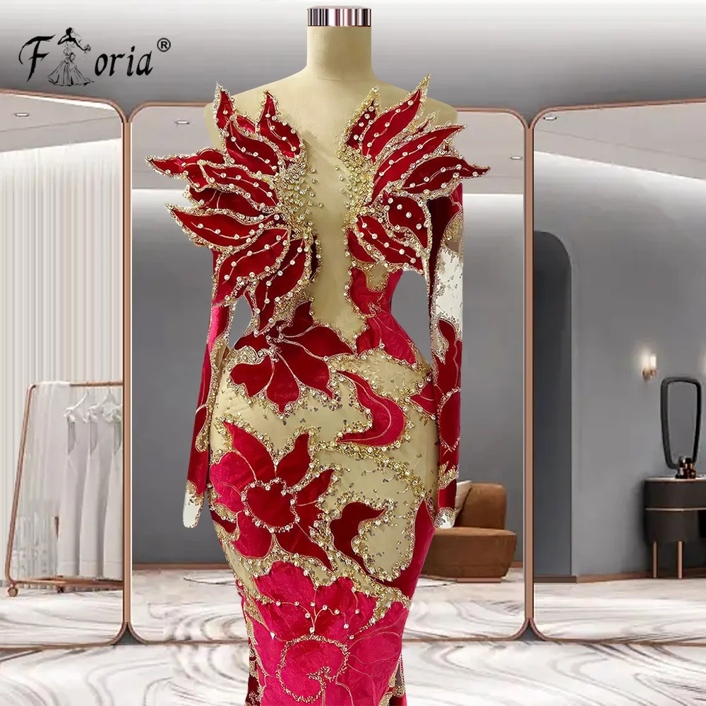 Vintage Design Mangas Compridas Cristais Vestidos de Festa Sereia 2023 Vermelho 3D Appliques Evening Prom Dress vestidos de ocasión formales