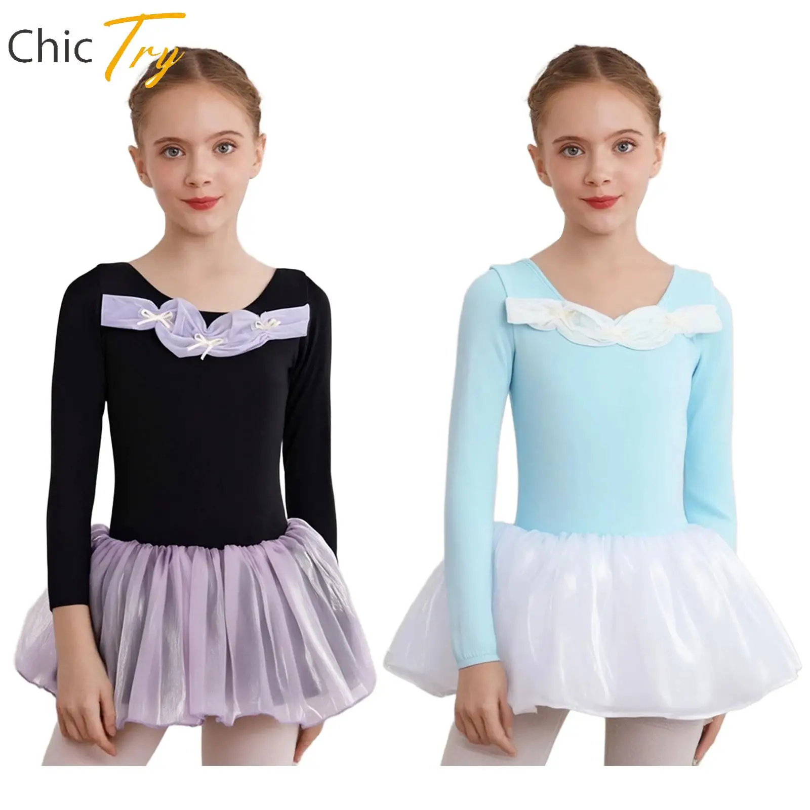 

Kids Girls Long Sleeve Ballet Dress Elegant Cute Bowknots Tulle Tutu Dance Dress Children Ballroom Dance Performance Costumes