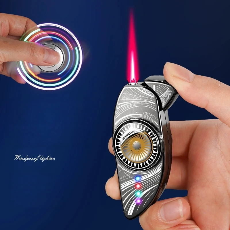 Outdoor Portable Luminous Gyroscope Inflatable Lighter Metal Windproof Red Flame Double-sided Color Printed Lighter Gift