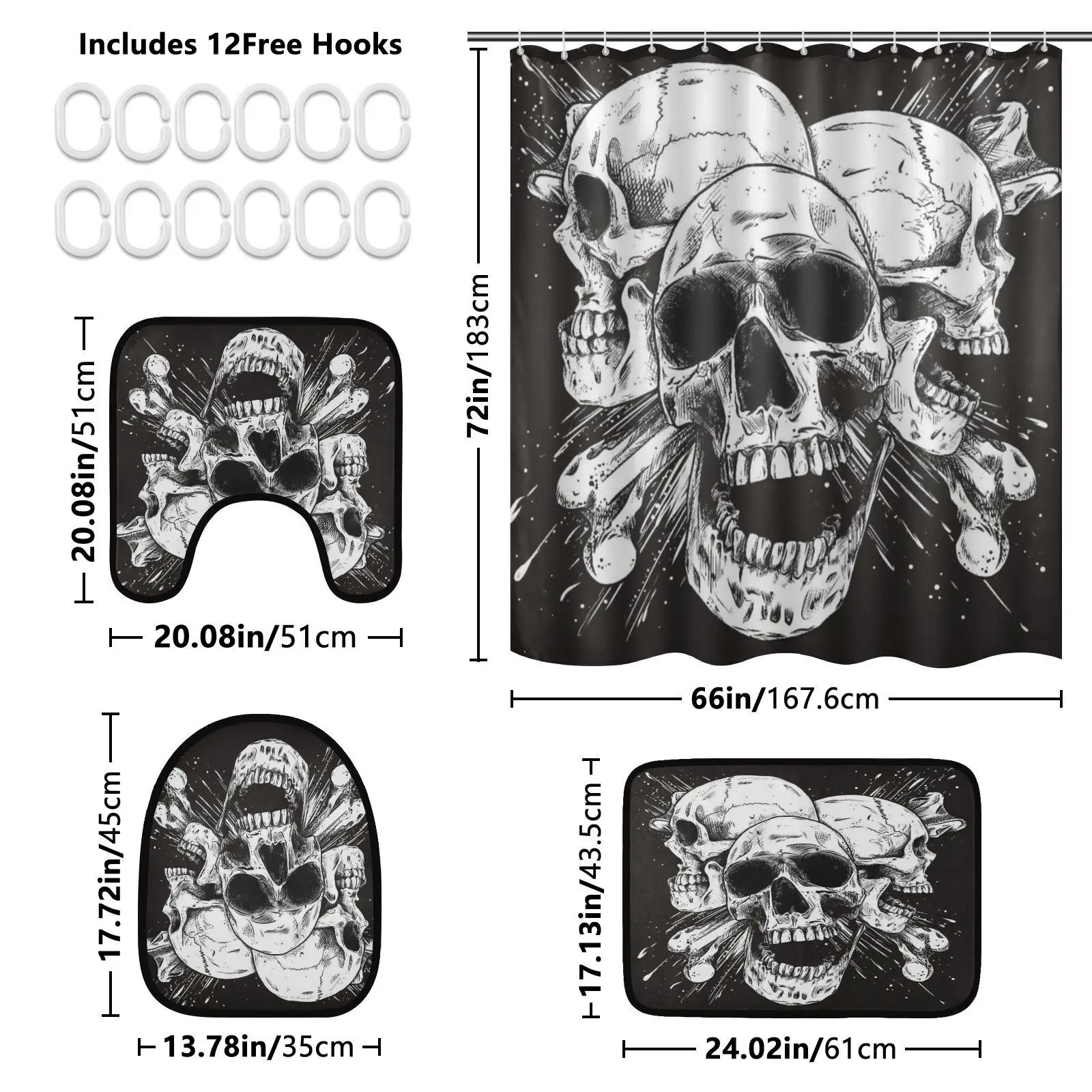 Shower Curtain 4-piece Set Skull print Shower Curtain with 12 hooks Carpet U-Shaped Pad Water Proof Wholesale New 2025