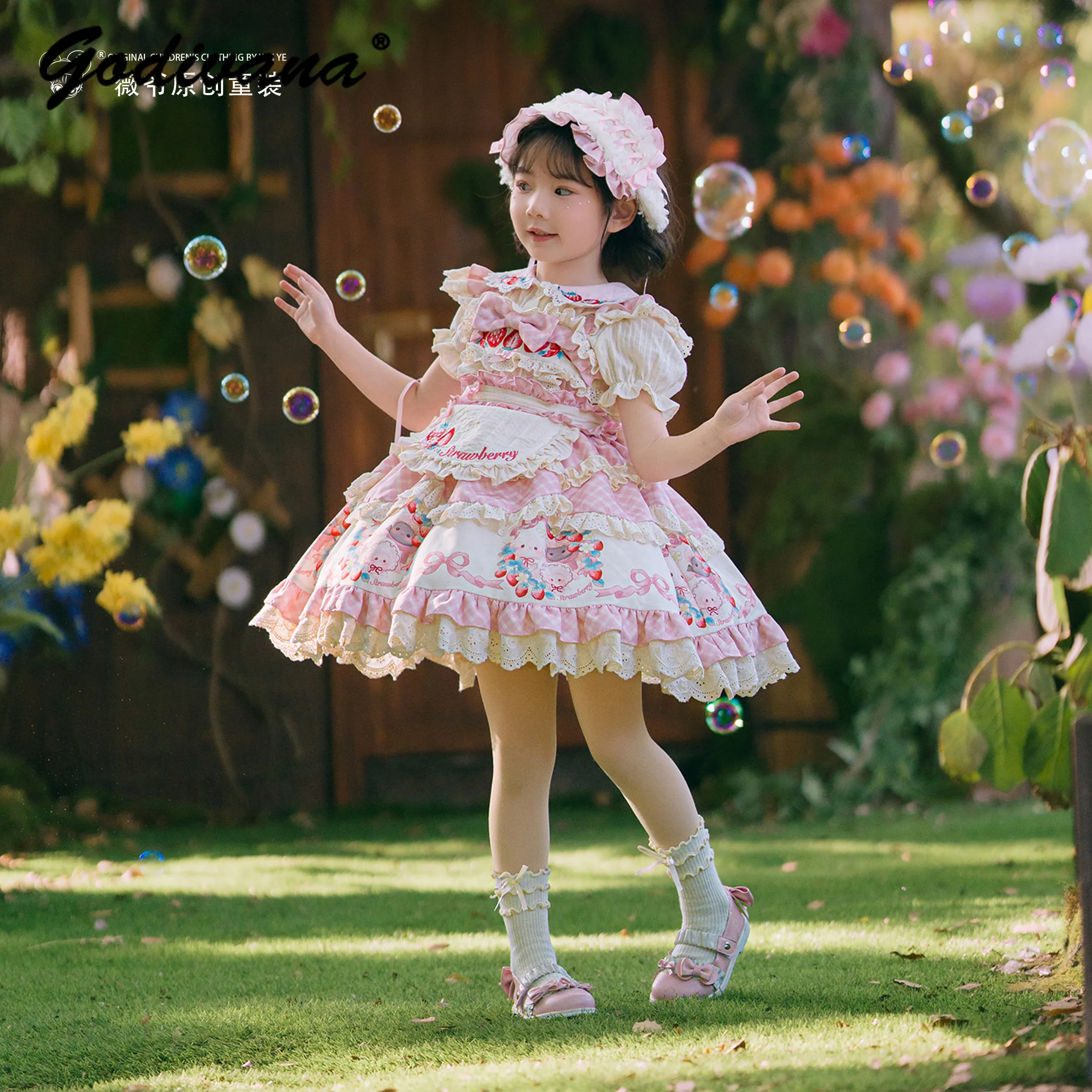 Original Sweet Baby Girls 2026 New Summer Lolita Tutu Dress Set Kids Heavy Luxury Strawberry Print Lace Ruffle Trim Ball Gown