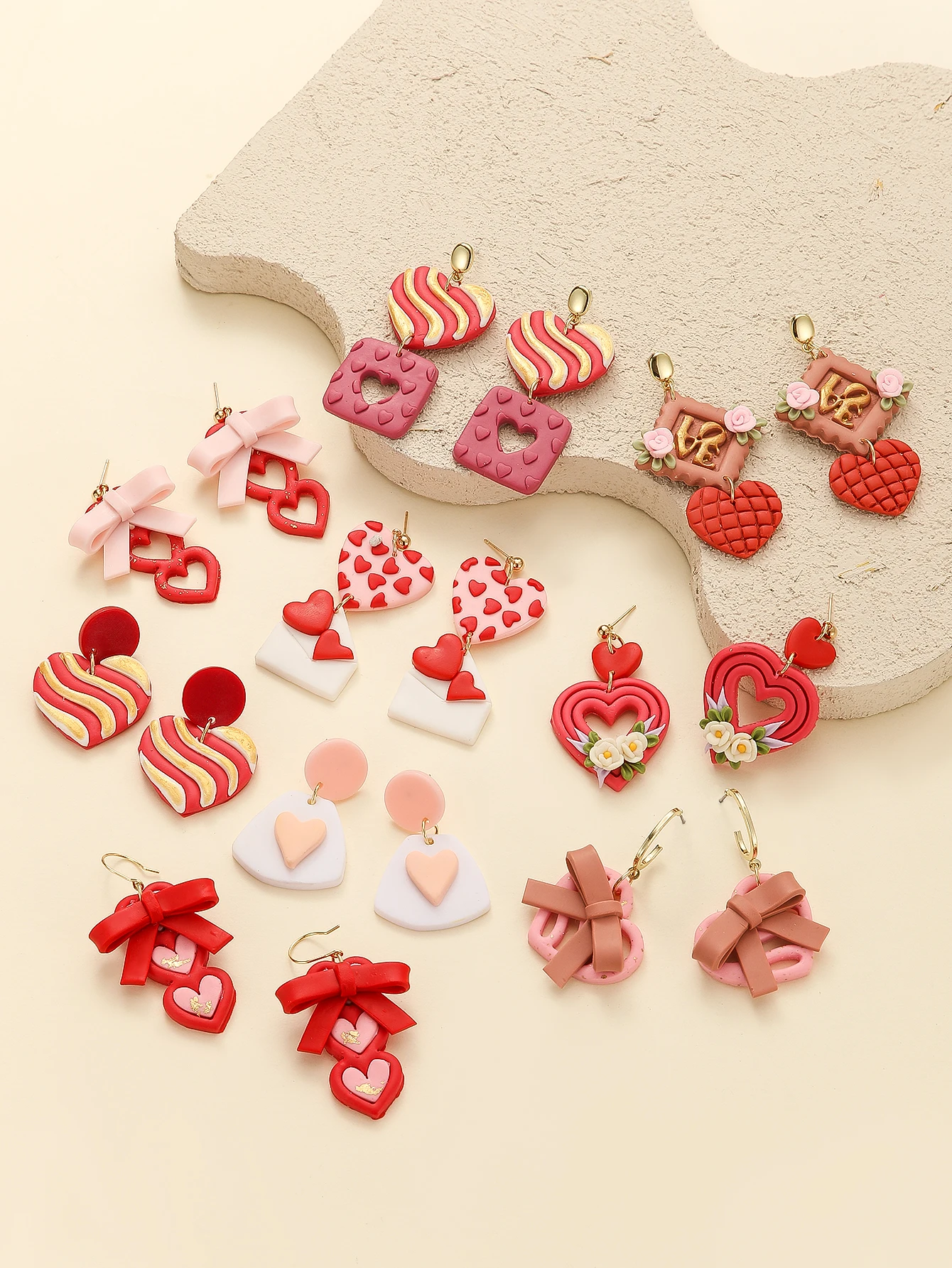 Valentine's Day Handmade Polymer Clay Dangle Earrings Red Pink Heart with Bowknot Stripe Design Festive Jewelry for Women