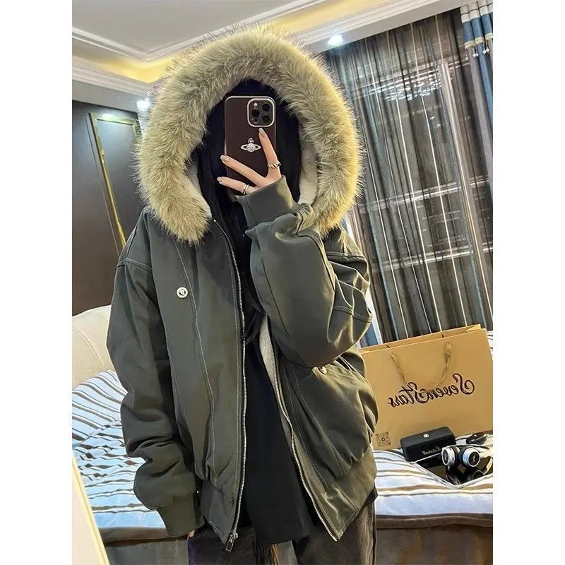 2025 Korean Faux Fur Collar Hoodie Long Sleeve Parkas Coat Sweatshirt Y2k American Retro Zipper Autumn Female Chic Streetwear
