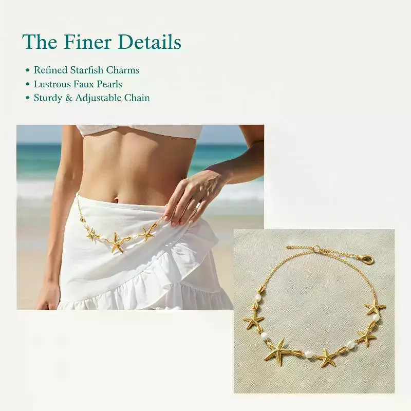 Fashionable Elegant Sea Star Imitation Pearl Gold Shell Waist Belly Chain Alloy Bohemian Beads Bikini Chain