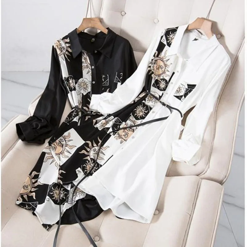 

White Fashion Lace Up Dress Shirt Dress Sun Protection Long Single Breasted Shirt Women's Dress Print Splicing Shirts Black Top