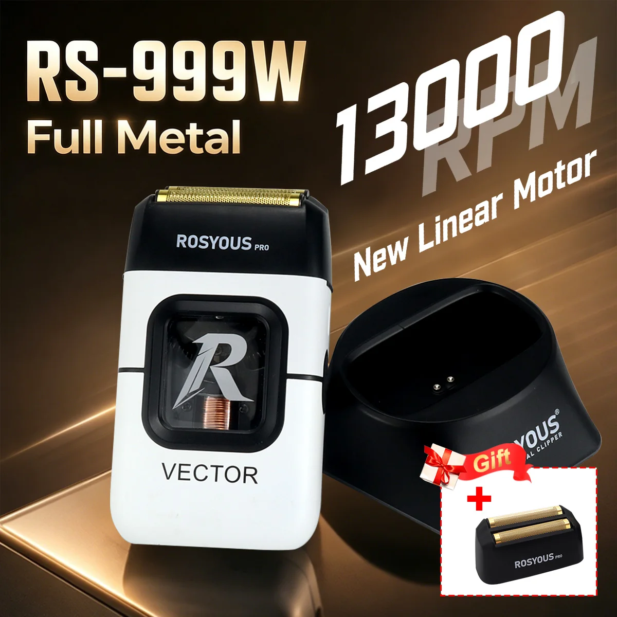ROSYOUS RS-999W Men's Electric Shaver 13000RPM Vector Magnetic Motor Full Metal with Base Charger Professional Beard Trimmer