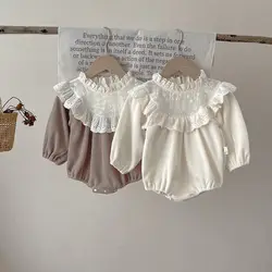 Noworodek dziewczynka w stylu Vintage Romper koronka, falbany niemowlę długi rękaw kombinezon Onepiece jesienna wiosna ubranka niemowlęce 3-18M