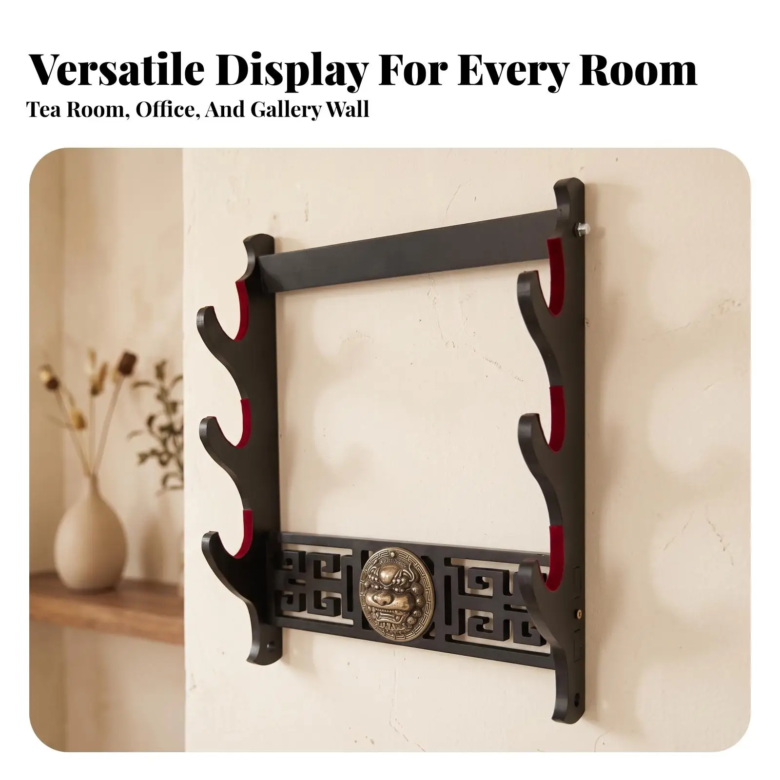 Elegant Wall Mounted Sword Rack for Display with Ornamental Lion Medallion and Soft Flocking Coating Wooden Holder
