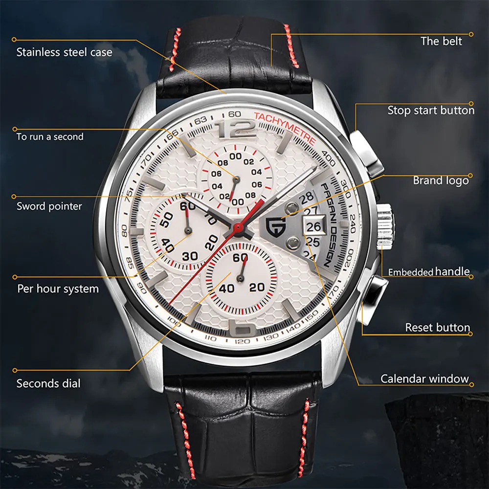 PAGANI DESIGN New PD-3306 Chronograph Men Watch Top Brand Classic Leather Waterproof Quartz Wristwatch for Man Gift Reloj Hombre