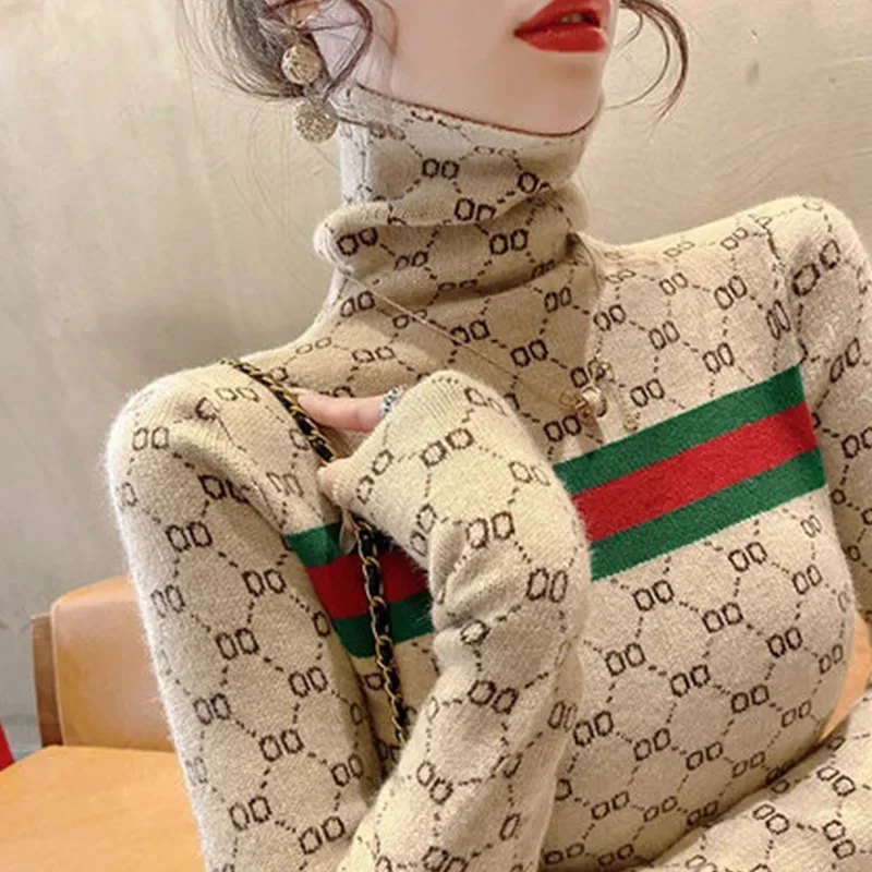 Women Slim Turtleneck Commute Warm Knitted Pullover Autumn Winter Vintage Soft Elastic Striped Letter Jacquard Sweaters