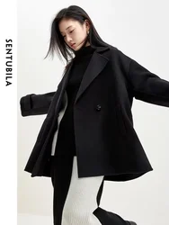 SENTUBILA Black Mid Length Woolen Coat Women 2024 Winter 100% Wool Loose Double Sided Notched Collar Autumn Coat Lady W44O58511X