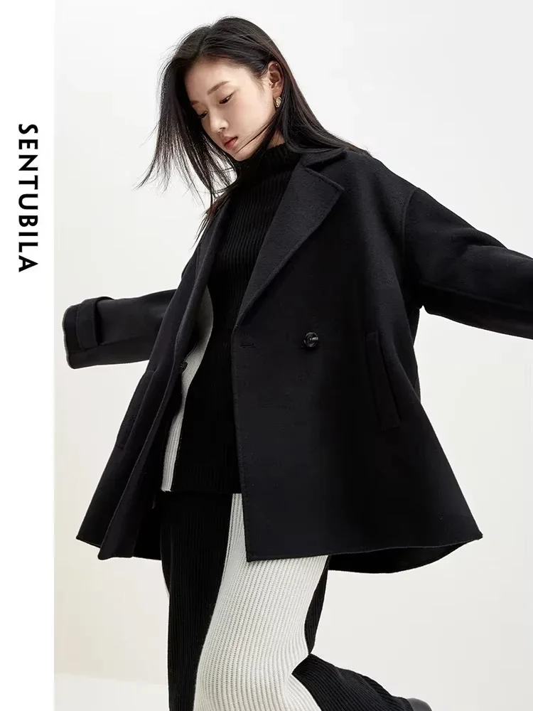 SENTUBILA 100% Wool Black Winter Coat Women 2024 Outerwear Double Sided Wool Notched Collar Blazer Woman Overcoat W44O58511X