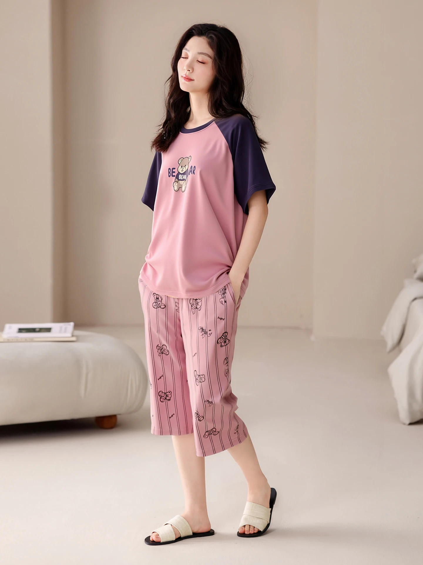 Pijamas de algodón de verano Doral para mujer, conjunto de dos piezas de pantalones de manga corta de siete piezas, conjunto de ropa de verano dulce para el hogar, se puede usar en exteriores
