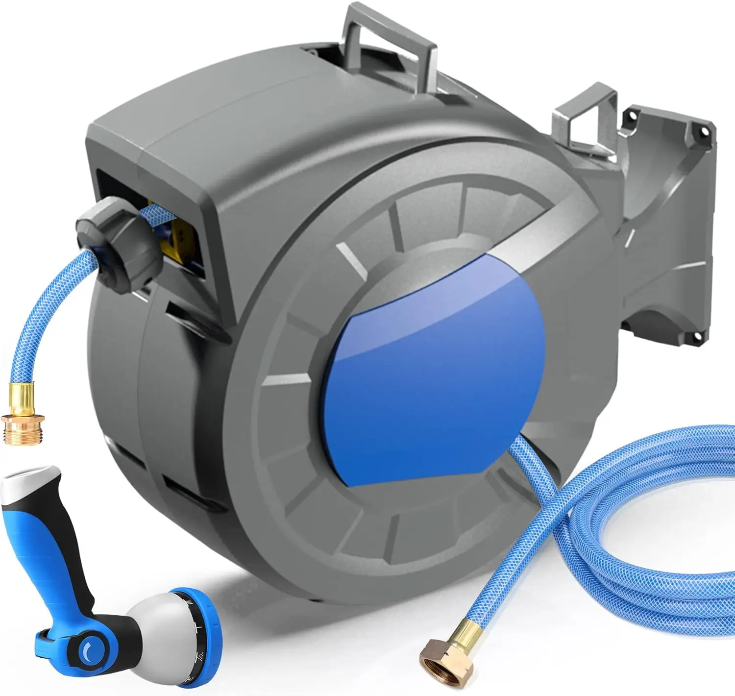 

Retractable Garden Hose Reel Wall Mount 1/2" x 100 ft + 6.5 ft Water Hose Reel for Outside with 10 Pattern Nozzle, Automatic Slo