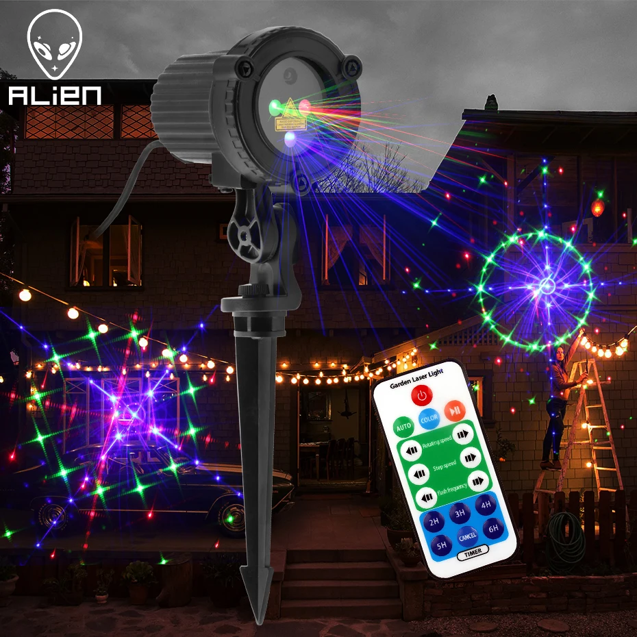 ALIEN 24 Patterns Red Green Blue Outdoor Motion Static Laser Projector Garden Holiday Christmas Tree House Wall Waterproof Light