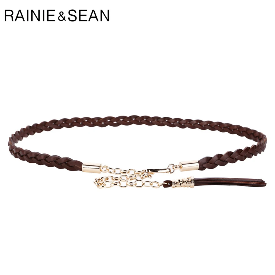 RAINIE SEAN Braided Belt Woman White Chain Belt Genuine Cow Leather Tassel Luxury Designer Brand Thin Elegant Ladies Dress Belts