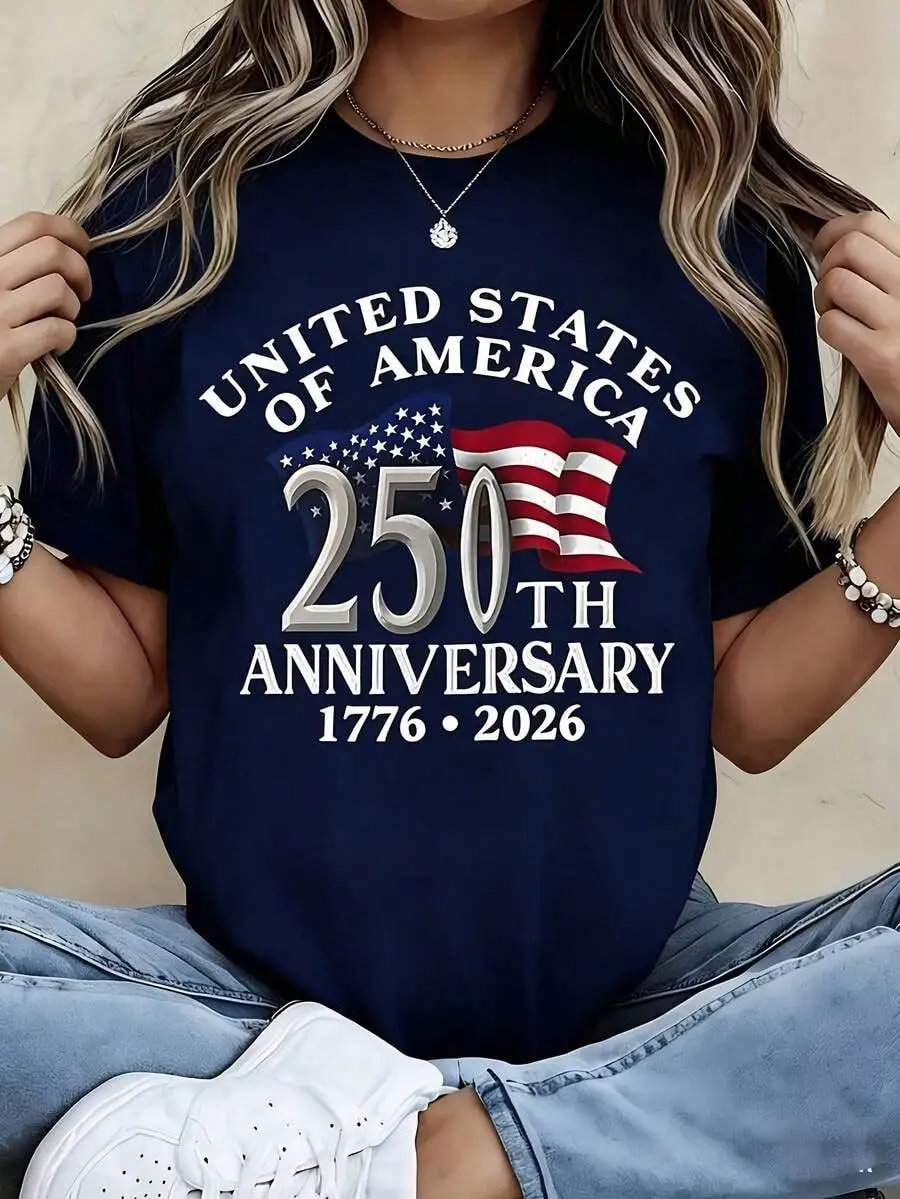 Women 250th Anniversary American Flag Tee, 1776-2026 250 Years Independence 4th Of July Casual Crew Neck Short Sleeve Graphic T Shirt