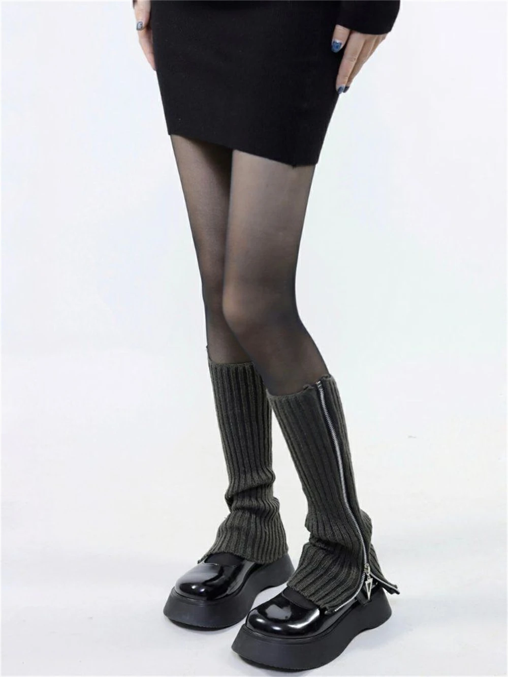 Hot Girls Woolen Pile Sock Autumn Winter Women Y2K Long-tube Foot Covers Warmth All-match JK Leggings Knitted Zipper Leg Warmers