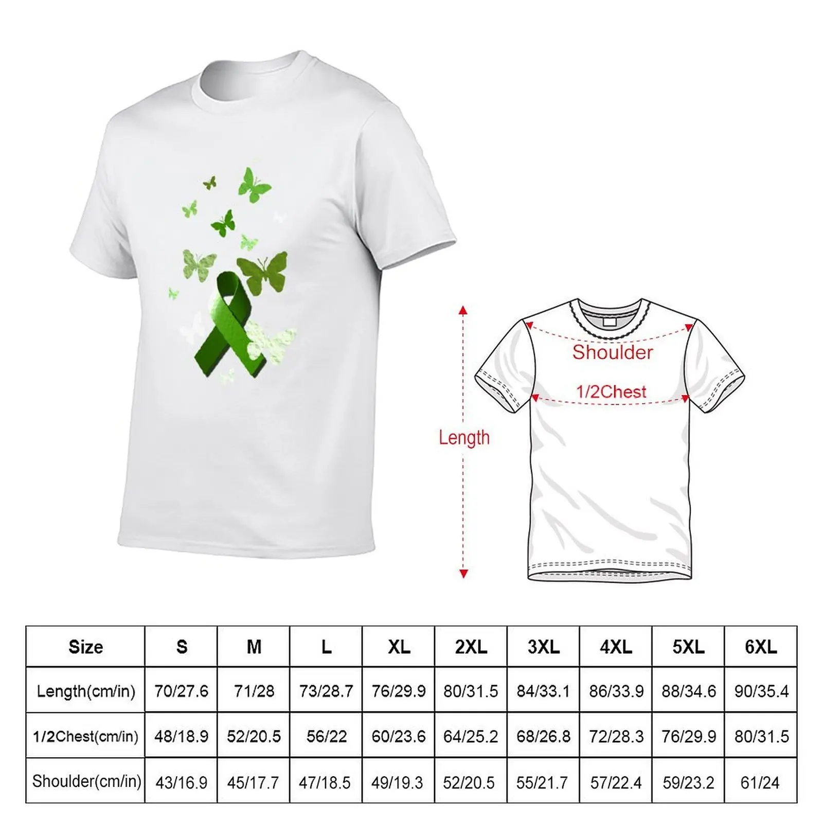Green Awareness Ribbon with Butterflies T-Shirt funny t shirts man cotton tshirt 100% man t shirts cotton T-shirt
