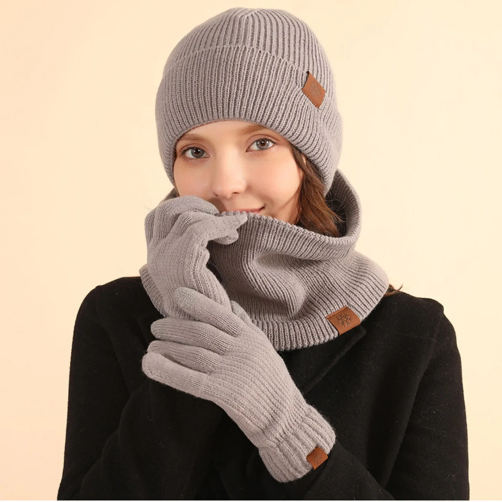 

Solid Colour Wool Warm Hat Scarf Gloves three-piece Men And Women Autumn Winter Wind Cold Wool Ball Padded Soft Knitting Set