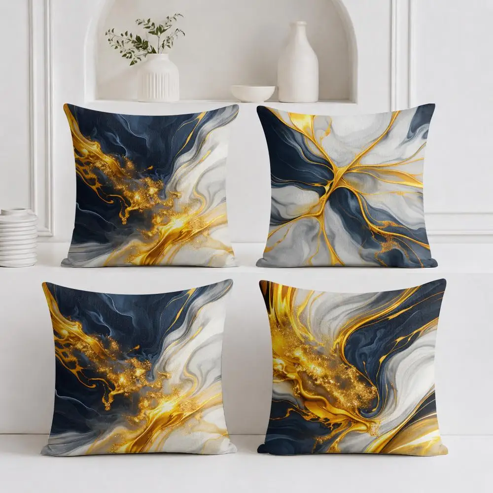 Blue Gold Fluid Abstract Painting Cushion Cover Plush Fabric Soft Double-Sided Printed Sofa Warm Winter Home Gift Pillow Cover