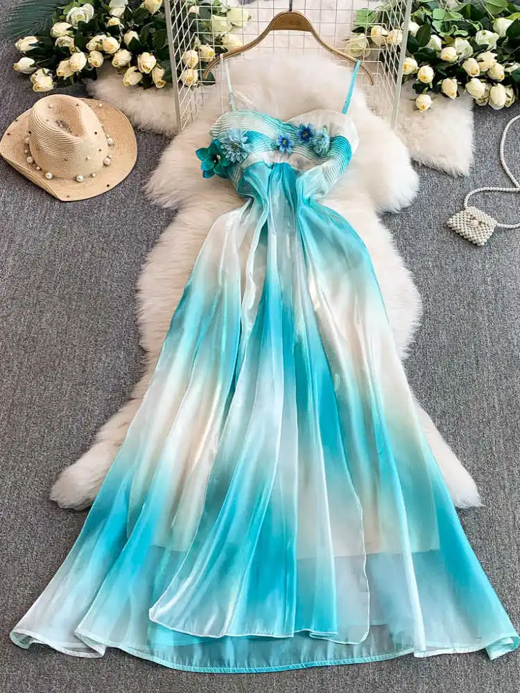 

Women Light Blue A-line Beach Dress Elegant Vintage 3D Floral Gradient Dresses Y2k Holiday One Piece Frocks 2000s Clothes Summer