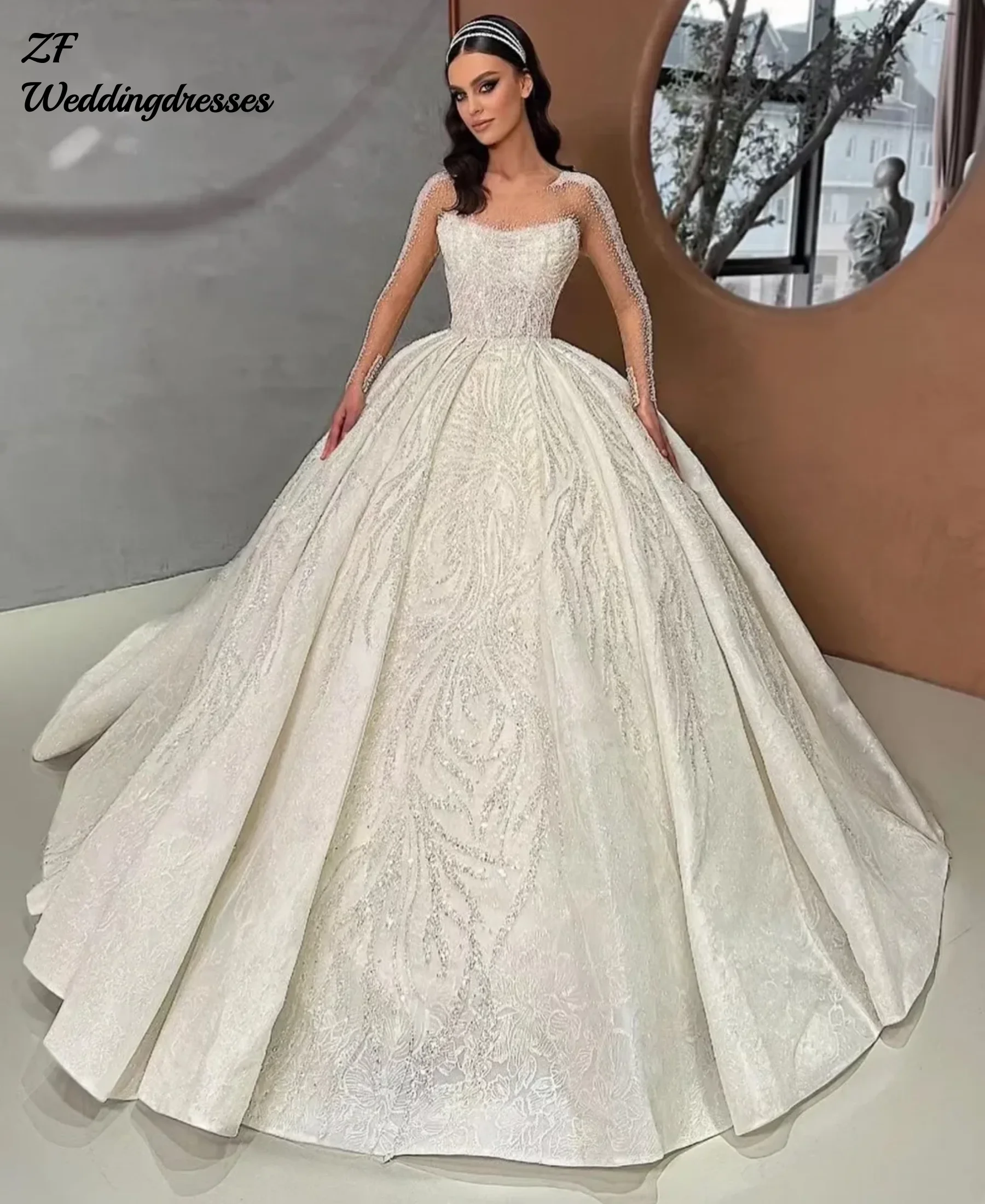 Robe De mariée trapèze De luxe personnalisée, brodée avec perles, robe De bal, manches longues, col carré, boutons De mariée