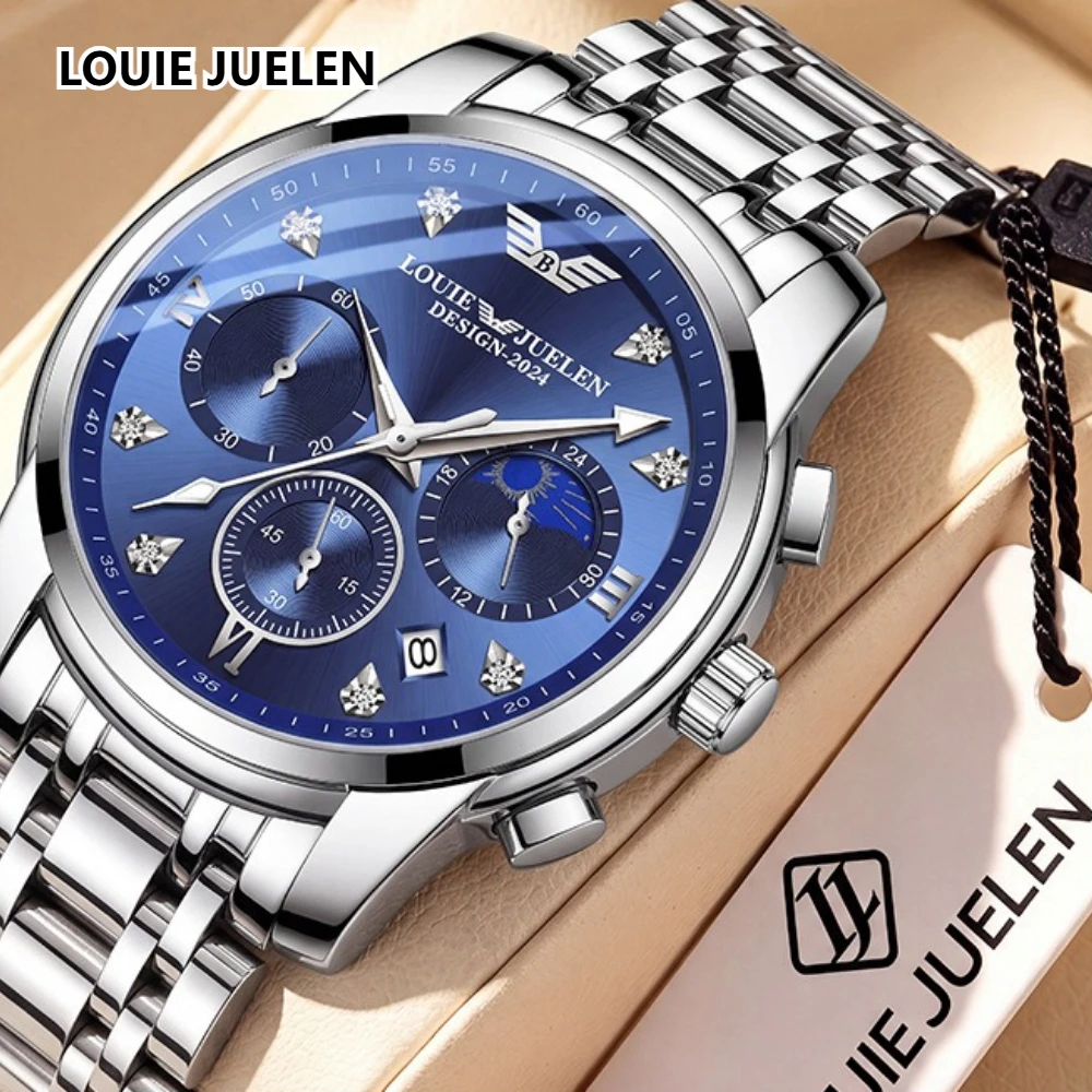 LOUIE JUELEN Men Quartz Watch Roman Numeral Dial Chronograph Sub-dials Black Leather Strap Waterproof Business Luxury Wristwatch