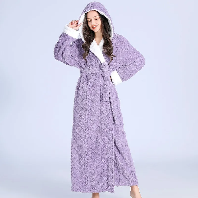 Women Men Thermal Luxury Flannel Extra Long Bath Robe Winter Sexy Jacquard Bathrobe Warm Kimono Dressing Gown Hooded Robes