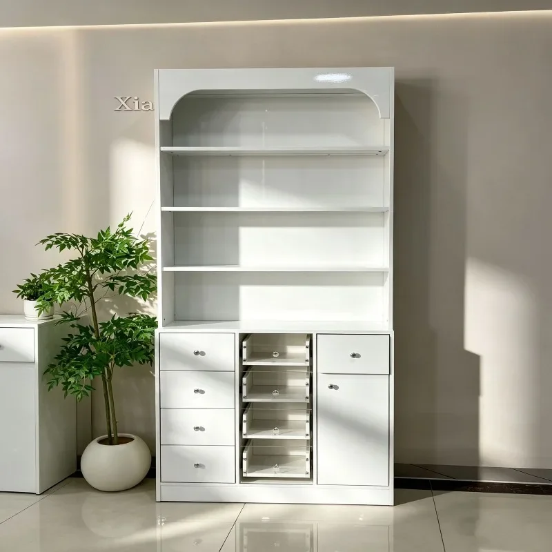 Nail salon display cabinet, floor-standing white lacquered cosmetics storage cabinet, beauty salon product storage cabinet with