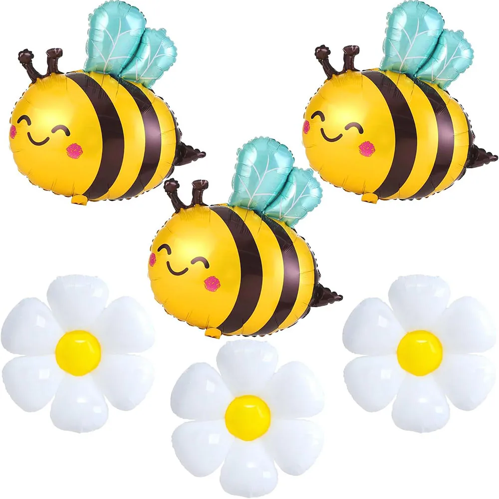 6 Pieces of Bee Balloon and Daisy Flower Balloon Bumblebee Aluminum Foil Polyester Film Balloon Suitable for Bee Theme Birthday Party Supplies Decoration