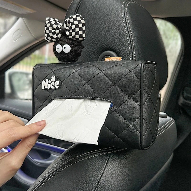 New Leather Car Tissue Box For Auto Hanging Back Seat Headrest Cute Cartoon Coal Ball Armrest Paper Holder Universal Storage Bag