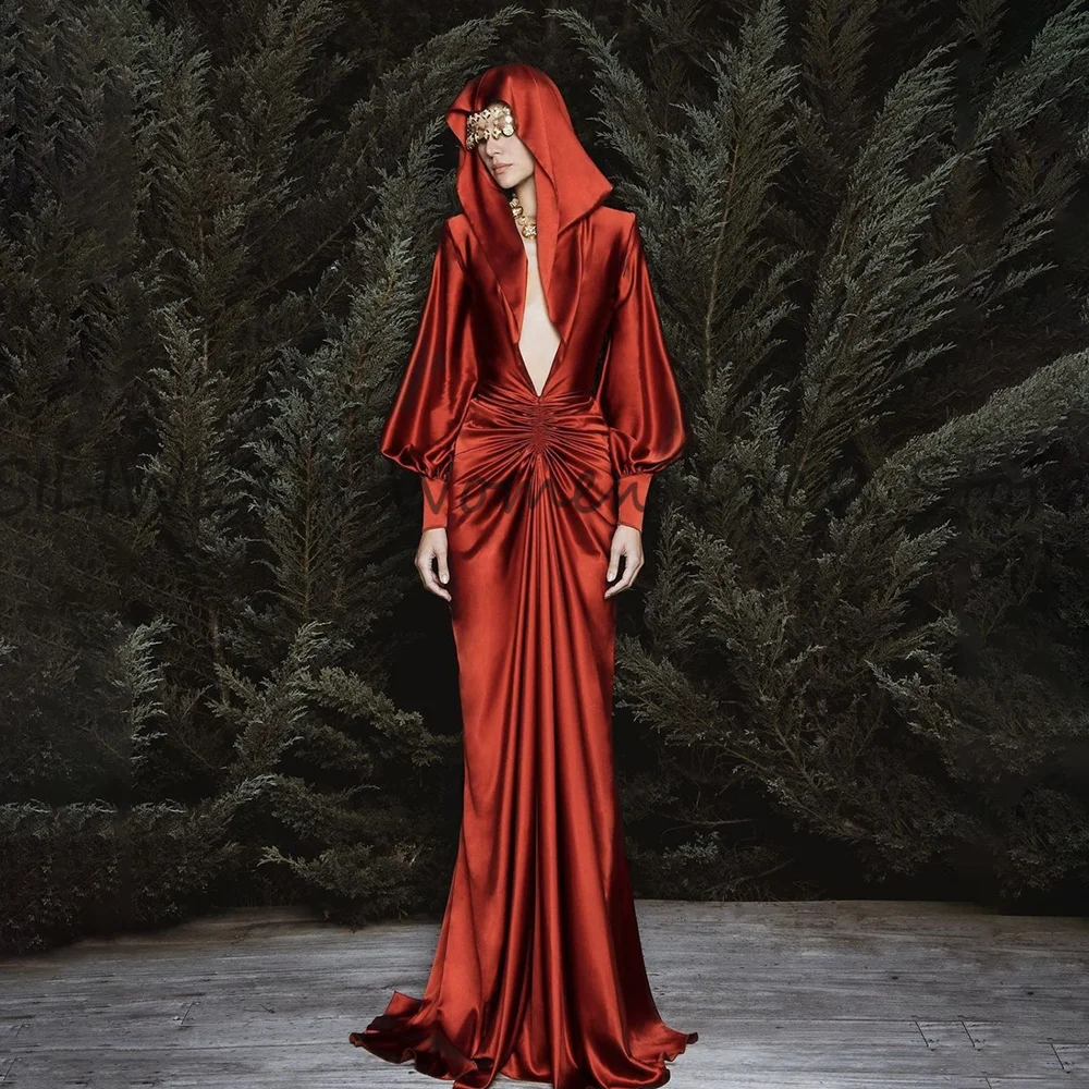 High-end-Rot Kopf Getragen Schal Prom Kleid Vintage Stil V-ausschnitt Mit Langen Ärmeln Abendkleid Elegante Taille Plissee vestidos de gala
