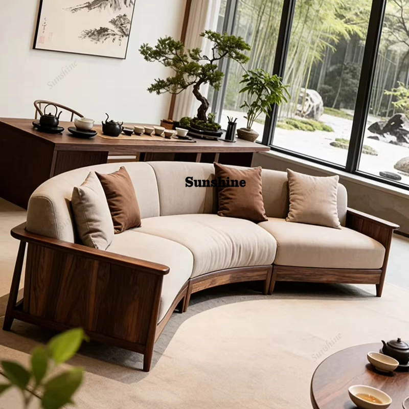 

Villa living room model house new Chinese style black walnut solid wood curved fabric sofa