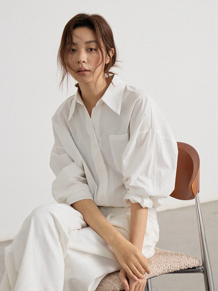 

Simple Arc Hem Design Loose Shirt Cotton Long Sleeve Women's Business Casual Fashion Spring Summer Autumn Cotton Blend