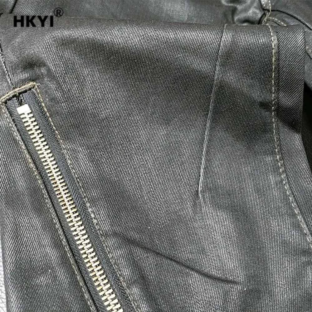 HKYI الرجال السراويل الشمع نحى الشمع نمط مزدوجة سستة قابل للتعديل الجينز الأسود شارع العليا السراويل الشمع السراويل الرجال الجينز