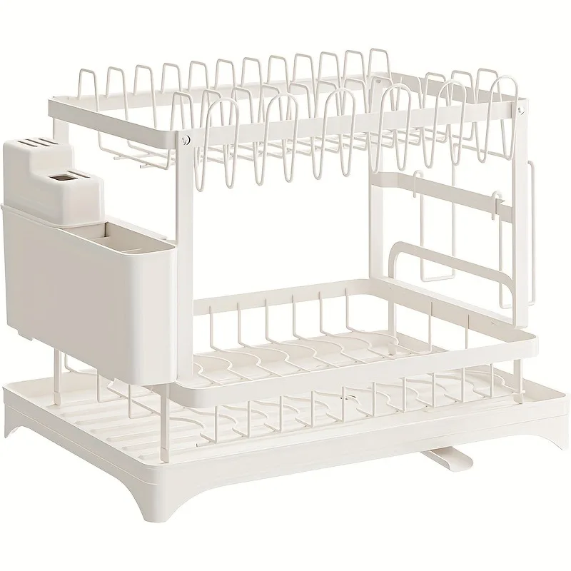 2-Tier Metal Dish Drying Rack – Black Kitchen Counter Dish Drainer with Drainboard, Two-Tier Storage Organizer