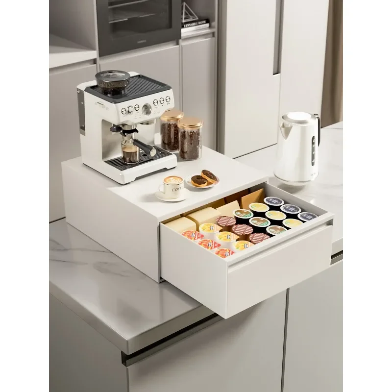 Kitchen countertop storage racks, overhead drawer-style storage cabinets