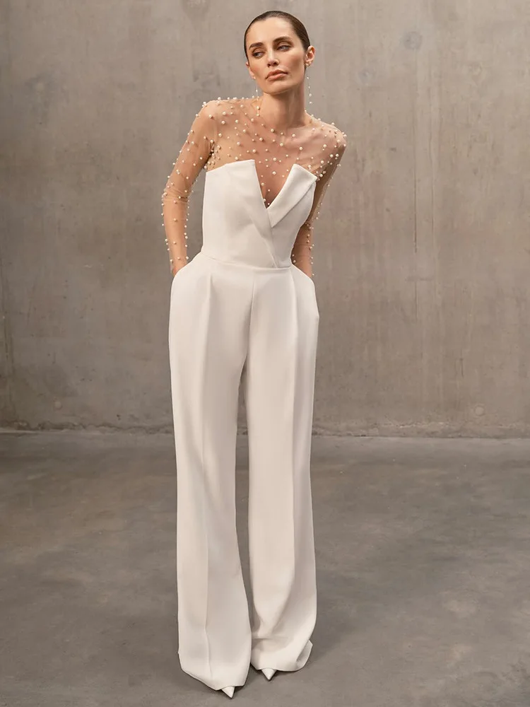 

Summer New Sle White Bubble One-Piece Suit Casual Faionable Women's High Waist Polyester Long Pants Two-Piece Set Feeling