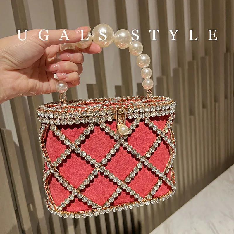 Luxury Rhinestones Diamond Evening Bag Hollow Pearl Beaded Metallic Cage Women Handbag Wedding Party Clutch Purse Shoulder Bag