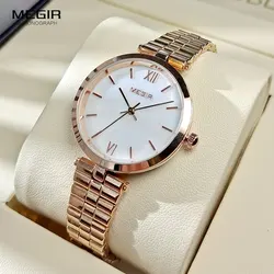 MEGIR Women Watches with Simple Vintage Analog Dial Stainless Steel Strap Fashion Luxury Rose Gold Wristwatch 3atm Waterproof