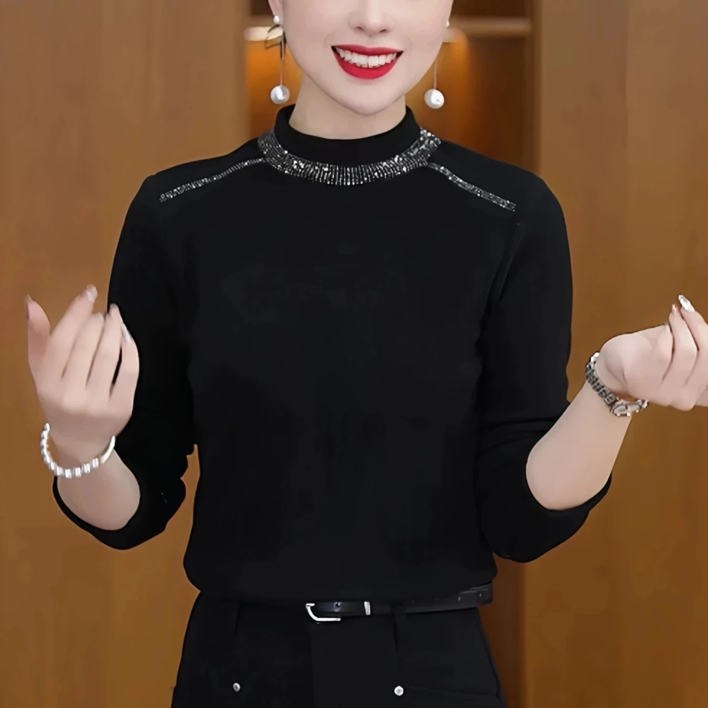 Double-Sided Velvet Long Sleeve Base Shirt Women's plus Size Autumn Winter Fashionable Inner Wear Diamond Heat Transfer Top