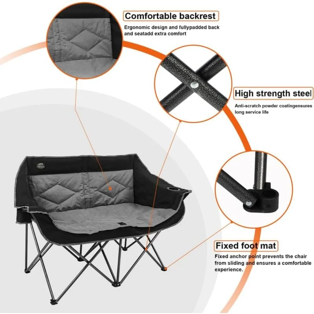 كرسي تخييم قابل للطي بمقعدين، كرسي مزدوج محمول مع حامل أكواب، حامل زجاجي للنبيذ، حقيبة حمل كرسي حديقة عالي التحمل لـ 2